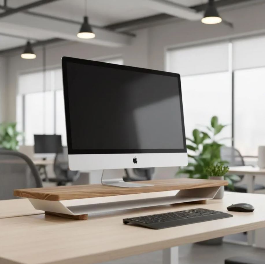 Computer monitor on a desk with a blurred office background