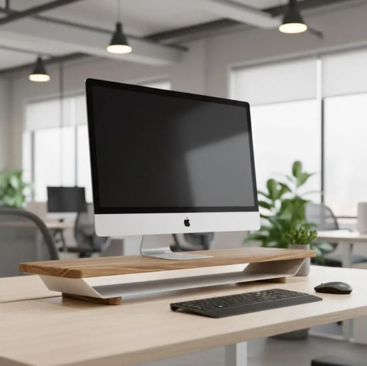 Computer monitor on a desk with a blurred office background